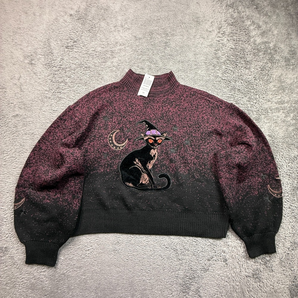 Cosmic Aura Witchy Cat Halloween Crop Sweater NWT Womens S Puff Sleeve Mock Neck
